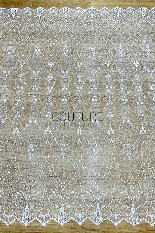 Beaded Chantilly Lace: White Delicate Floral Vine with Scalloped Eyelash Fringe Border Edge, 3 Meters