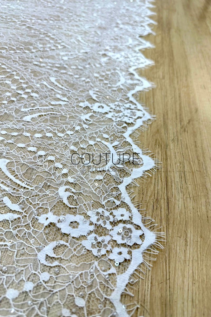Beaded Chantilly Lace: White Delicate Floral Vine with Scalloped Eyelash Fringe Border Edge, 3 Meters