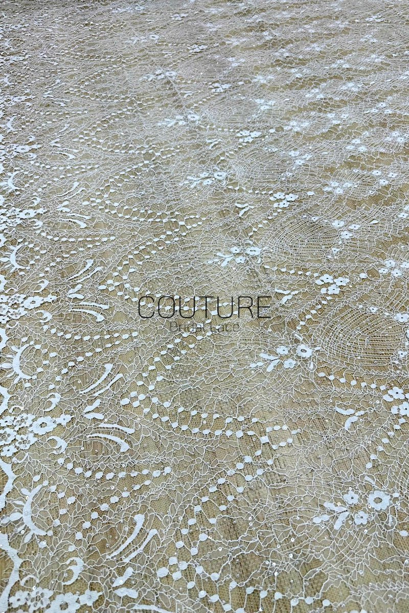 Beaded Chantilly Lace: White Delicate Floral Vine with Scalloped Eyelash Fringe Border Edge, 3 Meters