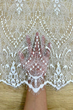 Beaded Chantilly Lace: White Delicate Floral Vine with Scalloped Eyelash Fringe Border Edge, 3 Meters