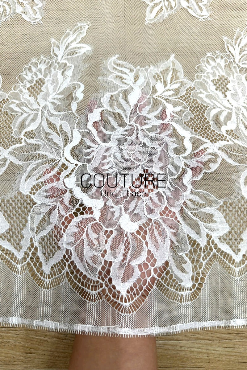 Chantilly Lace: White Scattered Peony Bouquets with Double Scalloped Peony Border, 3 Meters