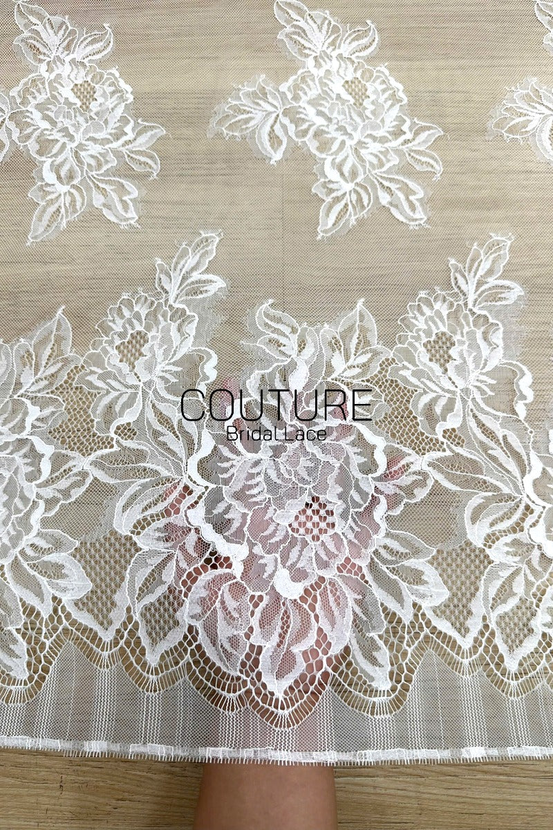 Chantilly Lace: White Scattered Peony Bouquets with Double Scalloped Peony Border, 3 Meters