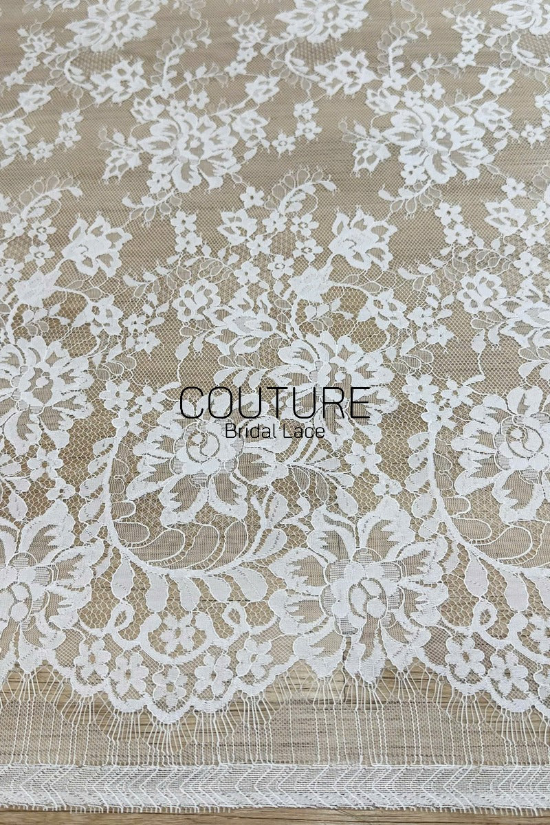Chantilly Lace: White Allover Rose and Daisy Floral Sprays with Scalloped Floral Garland Border, 3 Meters