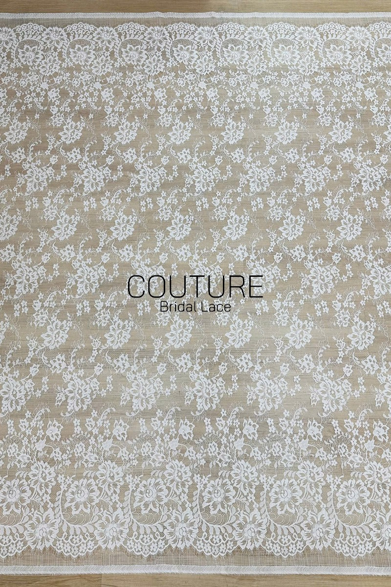 Chantilly Lace: White Allover Rose and Daisy Floral Sprays with Scalloped Floral Garland Border, 3 Meters