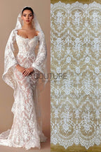 Beaded Chantilly Lace: White Ornate Floral Medallion with Scalloped Floral Edge Border, 3 Meters