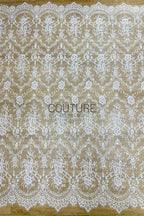 Beaded Chantilly Lace: White Ornate Floral Medallion with Scalloped Floral Edge Border, 3 Meters