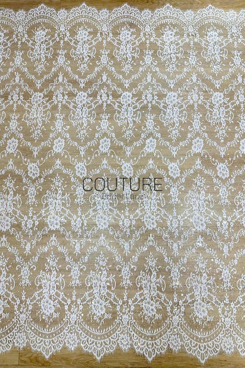 Beaded Chantilly Lace: White Ornate Floral Medallion with Scalloped Floral Edge Border, 3 Meters