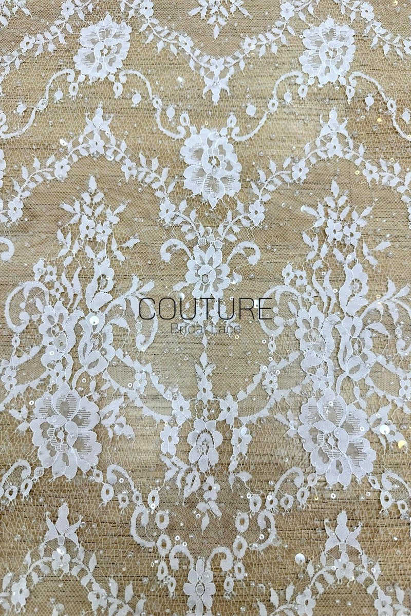 Beaded Chantilly Lace: White Ornate Floral Medallion with Scalloped Floral Edge Border, 3 Meters