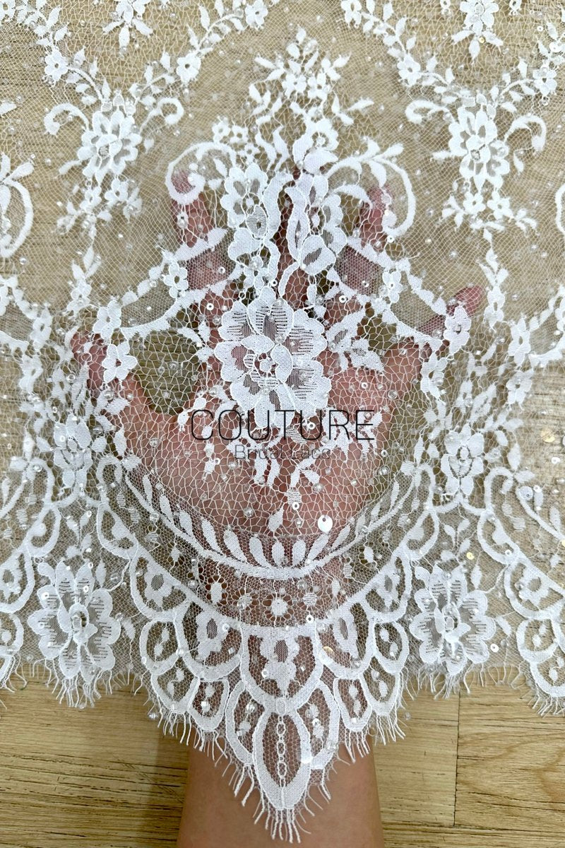 Beaded Chantilly Lace: White Ornate Floral Medallion with Scalloped Floral Edge Border, 3 Meters