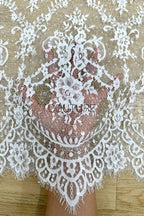 Beaded Chantilly Lace: White Ornate Floral Medallion with Scalloped Floral Edge Border, 3 Meters