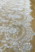 Beaded Chantilly Lace: White Ornate Floral Medallion with Scalloped Floral Edge Border, 3 Meters