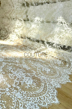 Beaded Chantilly Lace: White Ornate Floral Medallion with Scalloped Floral Edge Border, 3 Meters