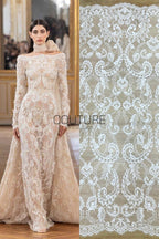 Sequins Chantilly Lace: White Elegant Symmetrical Floral Scrollwork with Scalloped Floral and Leafy Edges, 3 Meters