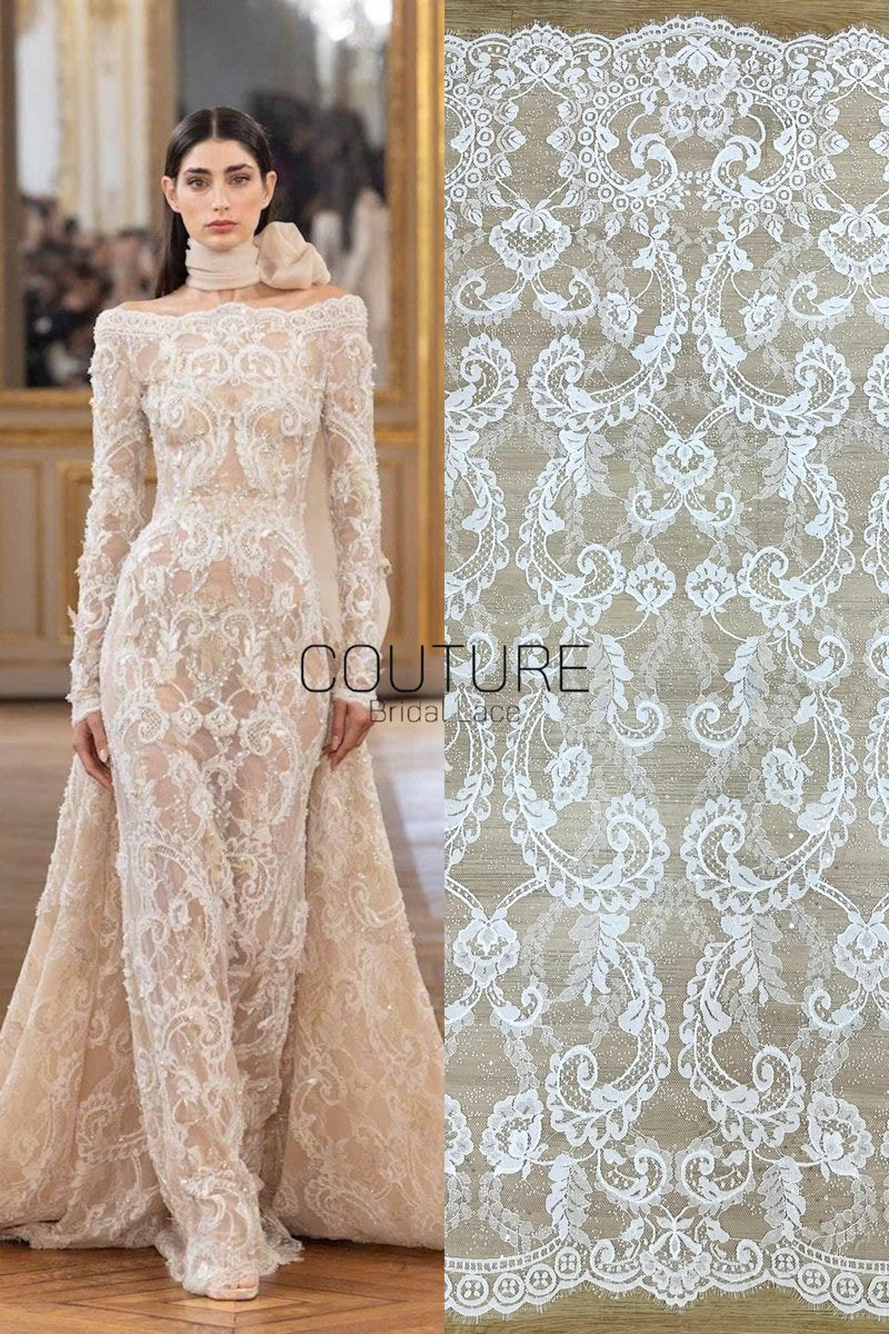 Sequins Chantilly Lace: White Elegant Symmetrical Floral Scrollwork with Scalloped Floral and Leafy Edges, 3 Meters