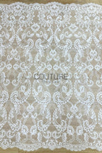 Sequins Chantilly Lace: White Elegant Symmetrical Floral Scrollwork with Scalloped Floral and Leafy Edges, 3 Meters