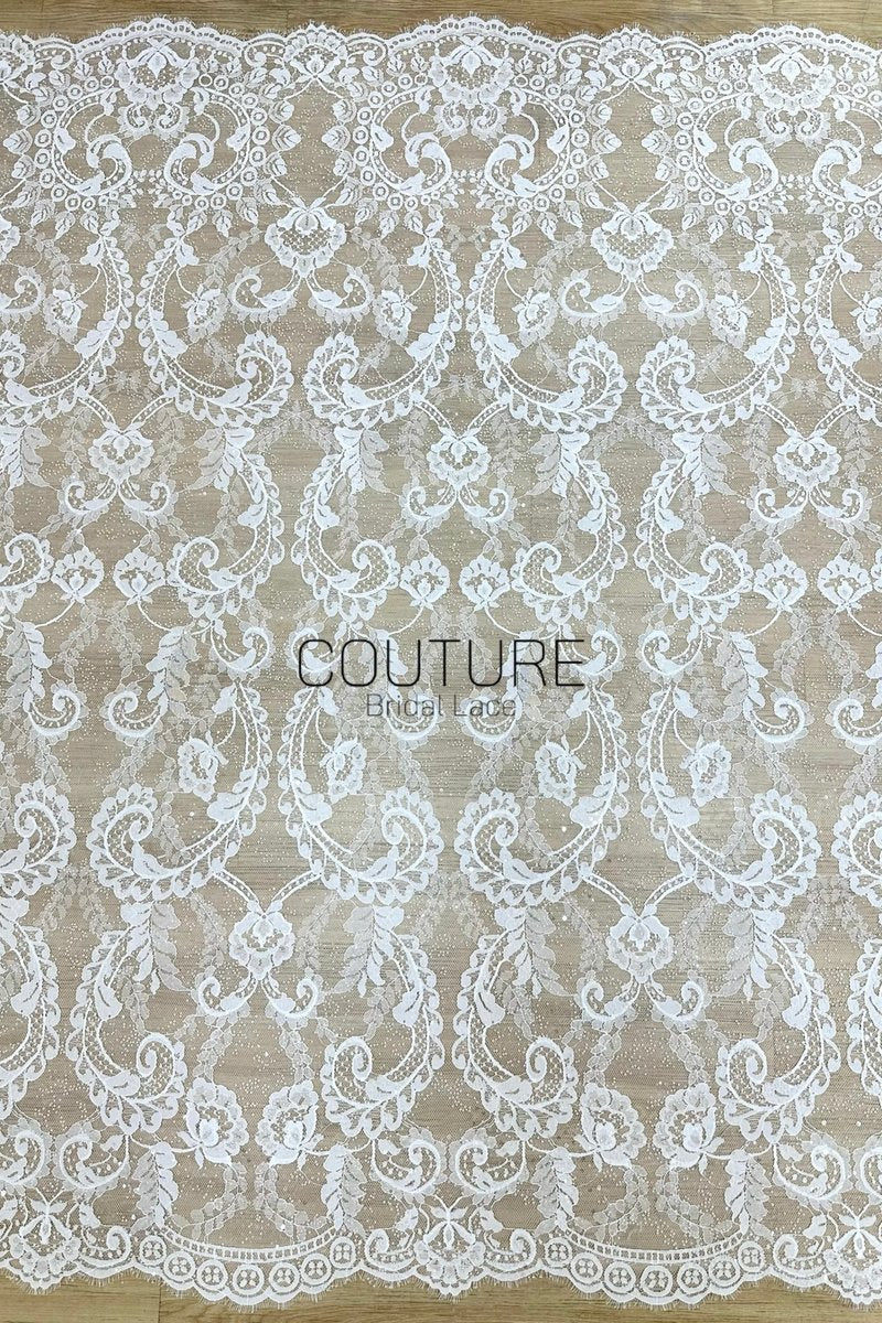 Sequins Chantilly Lace: White Elegant Symmetrical Floral Scrollwork with Scalloped Floral and Leafy Edges, 3 Meters