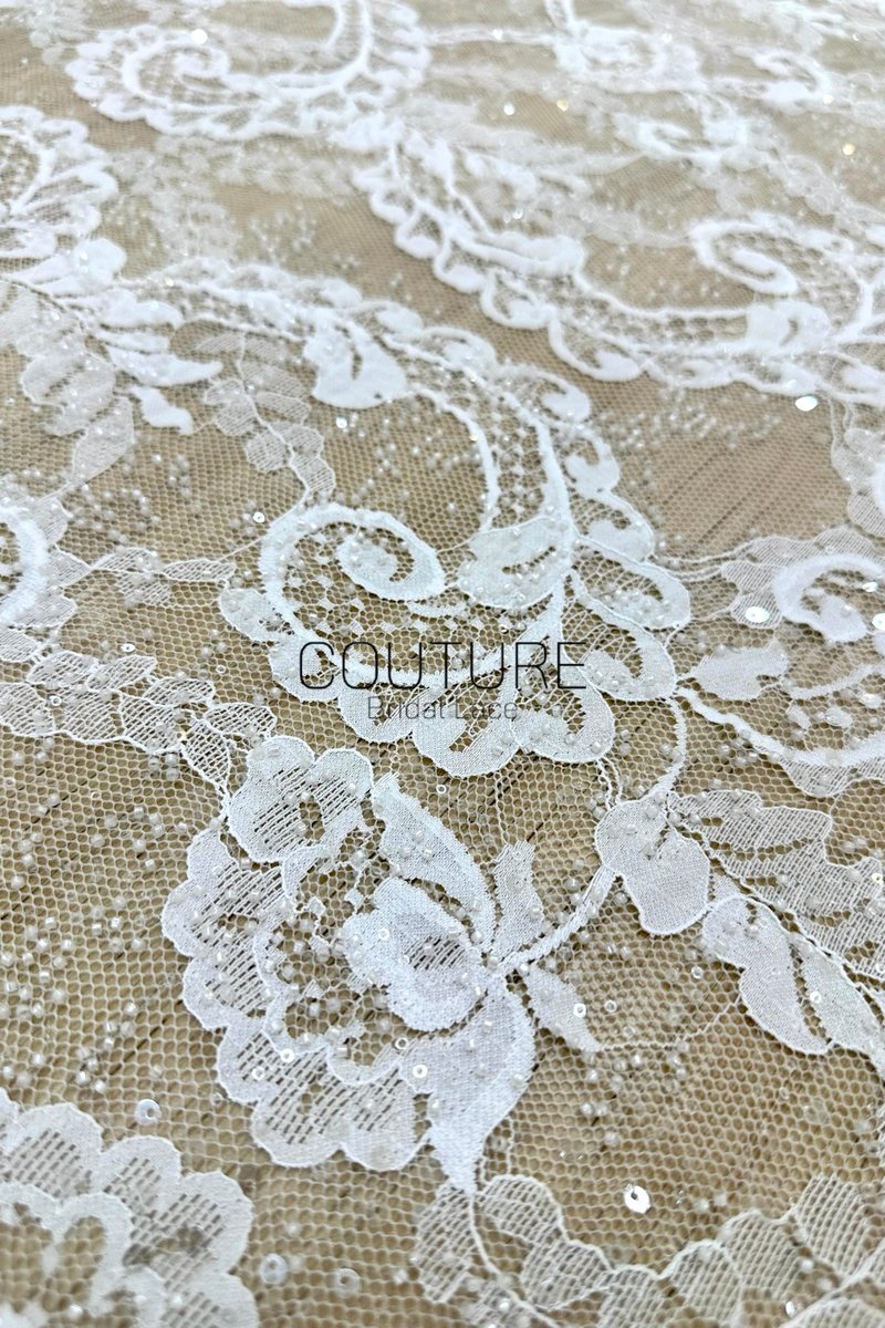 Sequins Chantilly Lace: White Elegant Symmetrical Floral Scrollwork with Scalloped Floral and Leafy Edges, 3 Meters