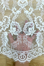 Sequins Chantilly Lace: White Elegant Symmetrical Floral Scrollwork with Scalloped Floral and Leafy Edges, 3 Meters