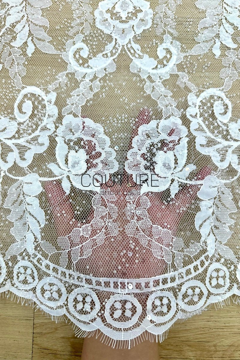 Sequins Chantilly Lace: White Elegant Symmetrical Floral Scrollwork with Scalloped Floral and Leafy Edges, 3 Meters
