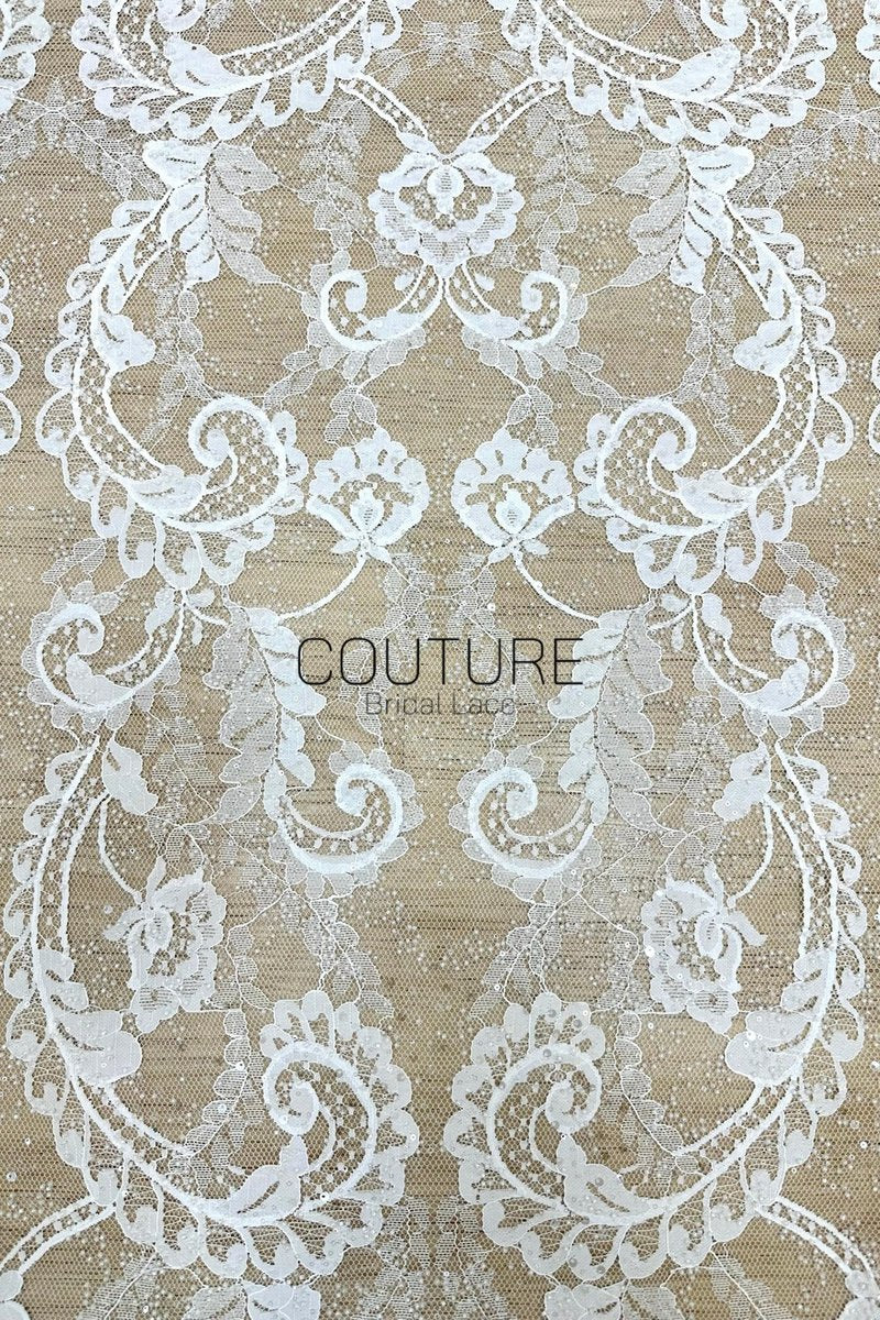 Sequins Chantilly Lace: White Elegant Symmetrical Floral Scrollwork with Scalloped Floral and Leafy Edges, 3 Meters
