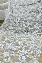 Sequins Chantilly Lace: White Elegant Symmetrical Floral Scrollwork with Scalloped Floral and Leafy Edges, 3 Meters