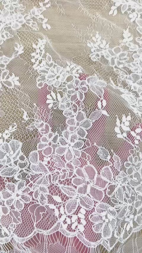 Chantilly French Lace: White Scattered Delicate Floral Sprigs with Floral Scalloped Border, 3 Meters