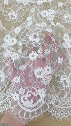 Corded Chantilly French Lace: White Allover Dainty Blossom with Ornate Eyelash Scalloped Border, 3 Meters