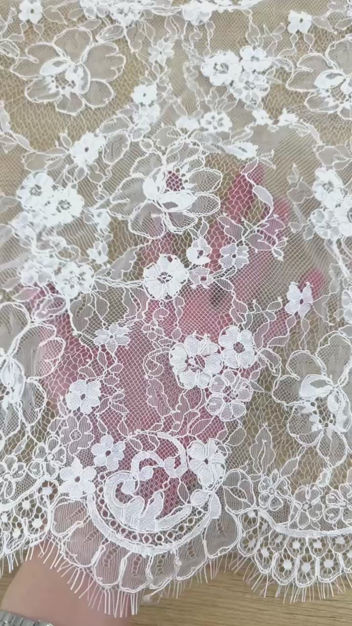 Corded Chantilly French Lace: White Allover Dainty Blossom with Ornate Eyelash Scalloped Border, 3 Meters