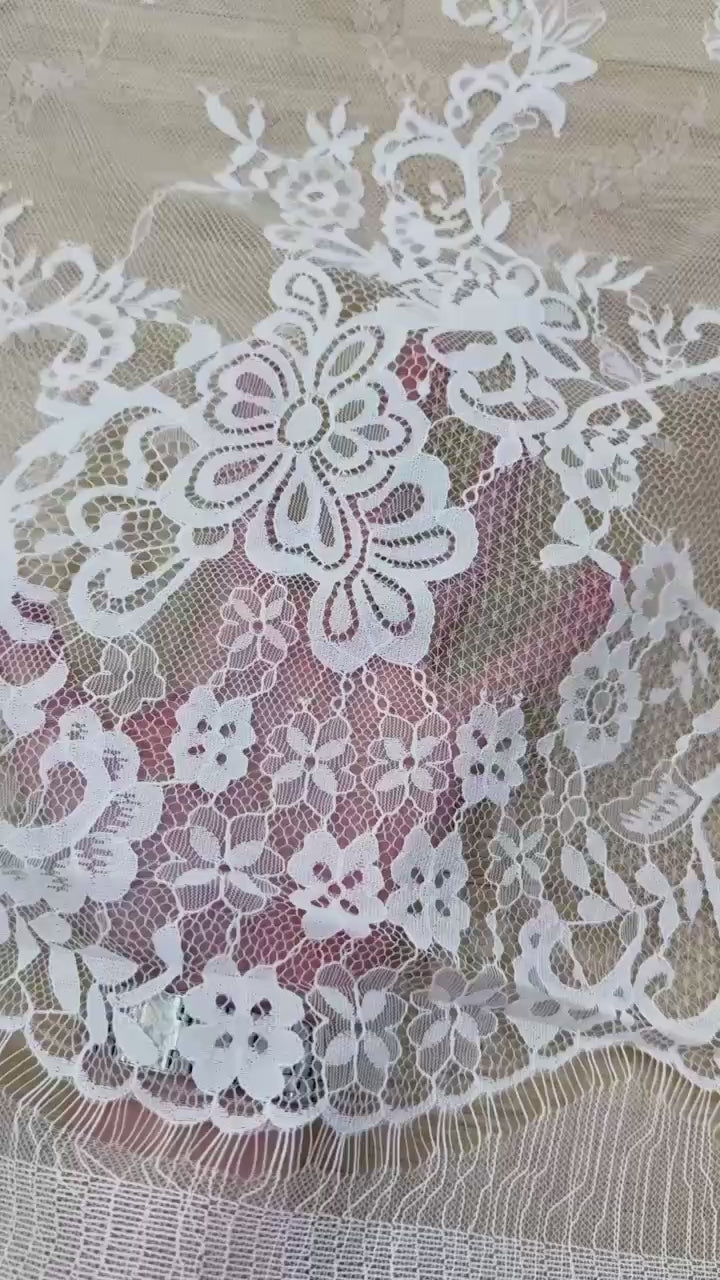 Chantilly Lace: White Diagonal Herringbone Floral Spray Cascade with Floral Arch Scalloped Border, 3 Meters