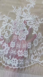 Chantilly Lace: White Diagonal Herringbone Floral Spray Cascade with Floral Arch Scalloped Border, 3 Meters