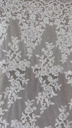 Corded Chantilly French Lace: White Vertical Floral Vine Columns with Scrolling Floral Scalloped Border, 1 Meter