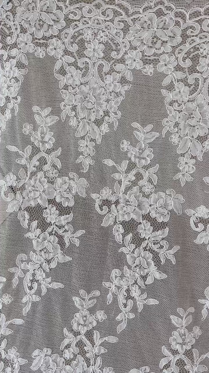 Corded Chantilly French Lace: White Vertical Floral Vine Columns with Scrolling Floral Scalloped Border, 1 Meter