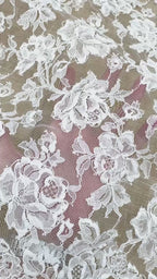 French Corded Chantilly Lace: White Dense Allover Large Rose and Peony Clusters with Eyelash Scalloped Border, 3 Meters