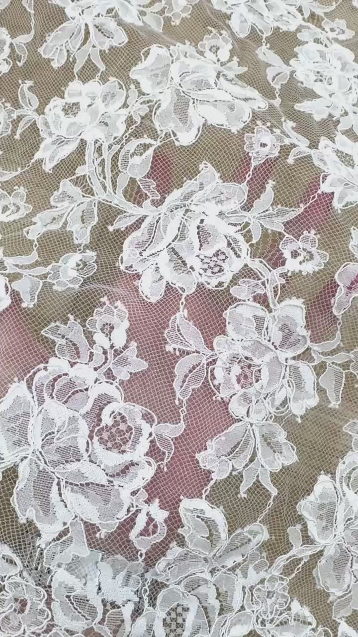 French Corded Chantilly Lace: White Dense Allover Large Rose and Peony Clusters with Eyelash Scalloped Border, 3 Meters