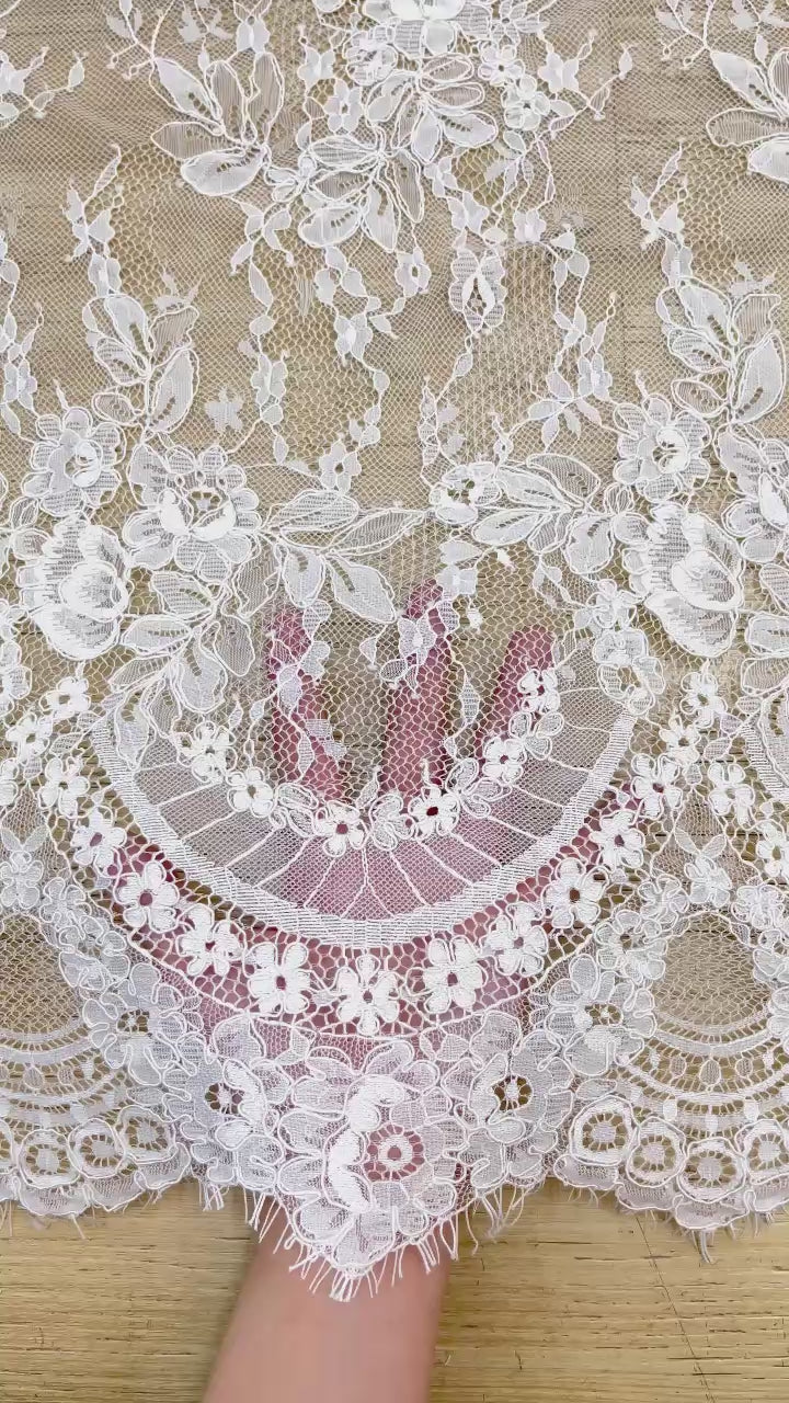 Corded Chantilly French Lace: White Floral Bouquet with Double Scalloped Border, 3 Meters