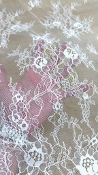 Chantilly Lace: White Scattered Branching Rose Sprays with Floral Scalloped Border, 3 Meters
