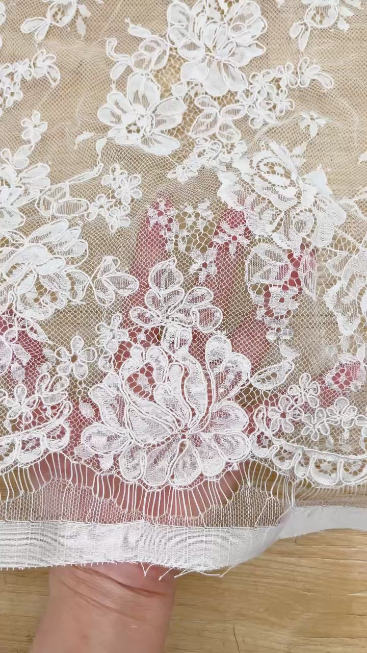 Corded Chantilly French Lace: White Dense Allover Rose Floral Clusters with Basket Scalloped Border, 3 Meters
