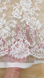 Corded Chantilly French Lace: White Dense Allover Rose Floral Clusters with Basket Scalloped Border, 3 Meters