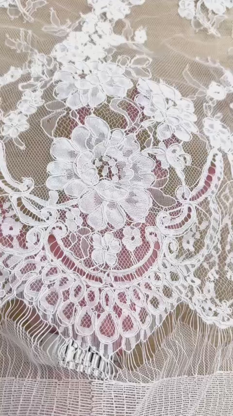 Corded Chantilly French Lace: White Cascading Floral Sprays with Crown Arch Openwork Scalloped Border, 3 Meters