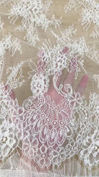 Corded Chantilly French Lace: White Featherweight Scattered Floral Spray with Scroll Border, 3 Meters