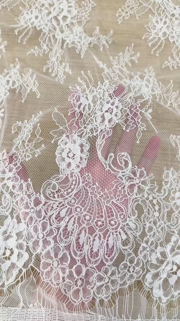 Corded Chantilly French Lace: White Featherweight Scattered Floral Spray with Scroll Border, 3 Meters