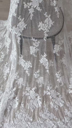 Corded Chantilly French Lace: White Scattered Floral Clusters with Scrolling Volute Scalloped Border, 1 Meter