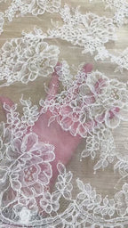 Corded Chantilly French Lace: White Large Peony Blooms Allover with Petal Scalloped Border, 3 Meters