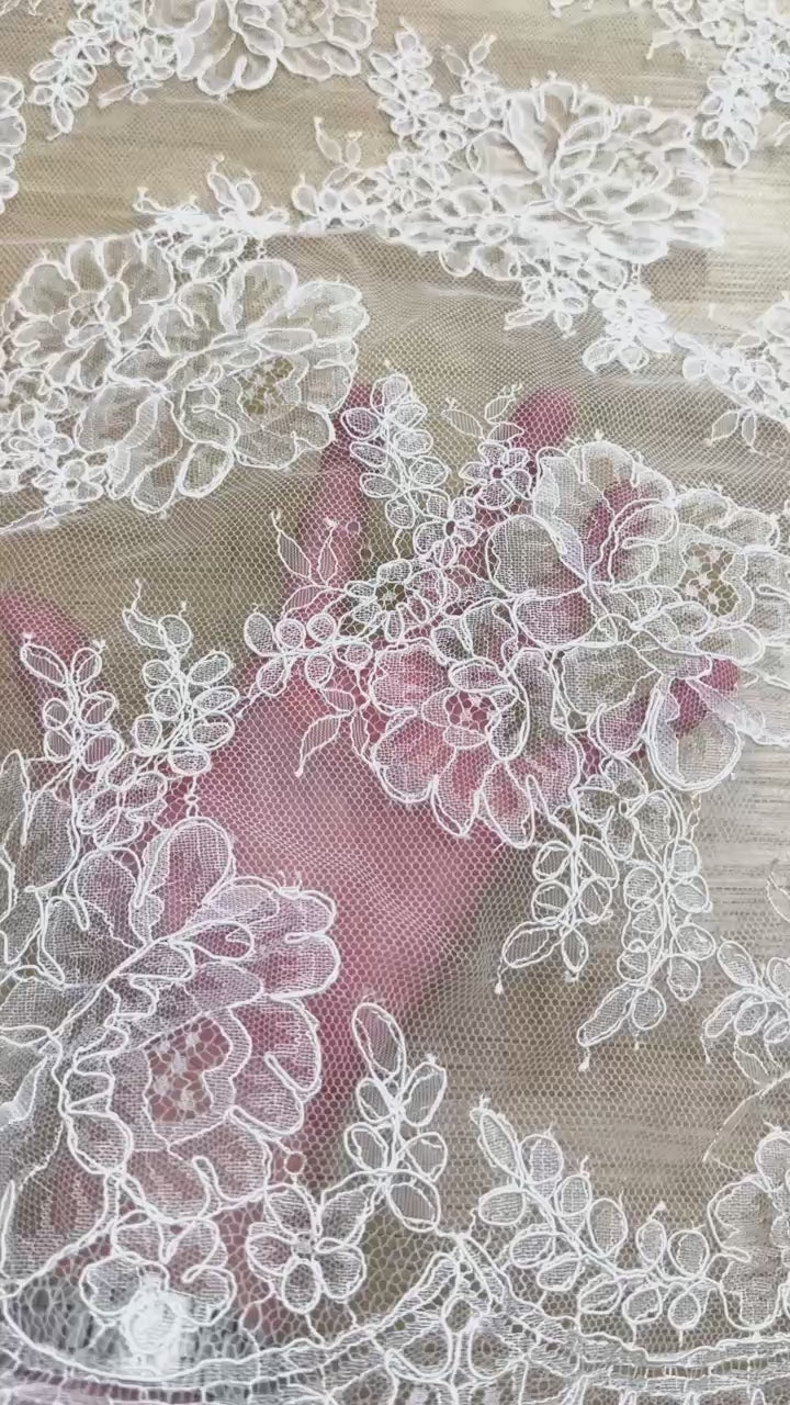 Corded Chantilly French Lace: White Large Peony Blooms Allover with Petal Scalloped Border, 3 Meters