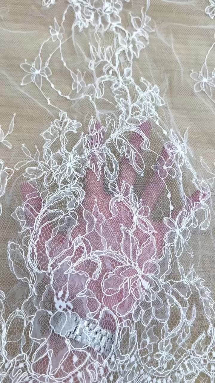 Corded Chantilly French Lace: White Trailing Vine Waterfall with Floral Scalloped Border, 3 Meters