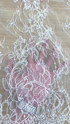 Corded Chantilly French Lace: White Trailing Vine Waterfall with Floral Scalloped Border, 3 Meters