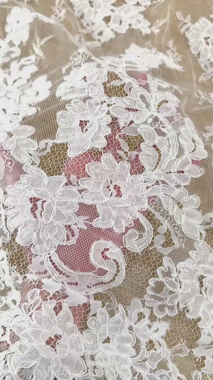Corded Chantilly French Lace: White Vertical Floral Cluster Columns with Fan Scalloped Border, 3 Meters