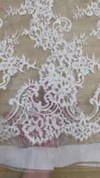 Corded Chantilly French Lace: White Diagonal Floral Sprays with Scrolling Vine Scalloped Border, 3 Meters