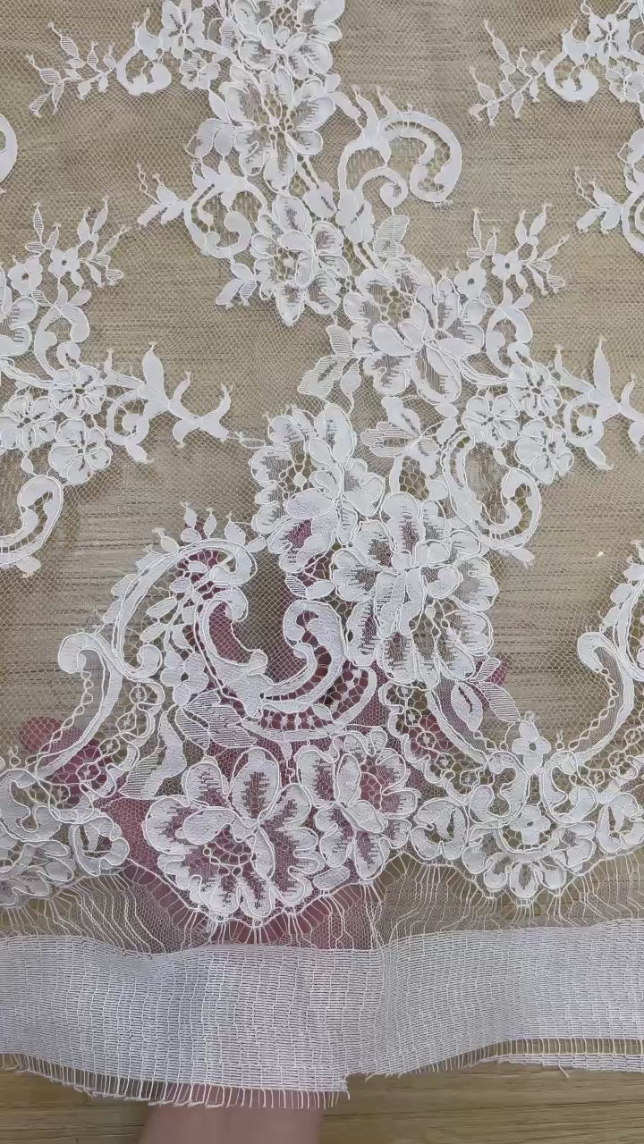 Corded Chantilly French Lace: White Diagonal Floral Sprays with Scrolling Vine Scalloped Border, 3 Meters