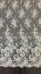 Corded Chantilly French Lace: White Scattered Rose Bouquet Clusters with Scrolling Cartouche Scalloped Border, 3 Meters